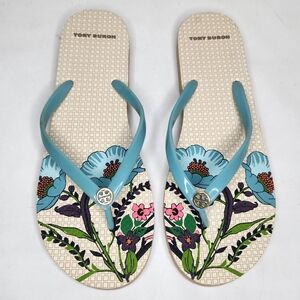 Tory Burch Womens Size 11 Thin Flip Flop Blue Ivory Flowers Floral